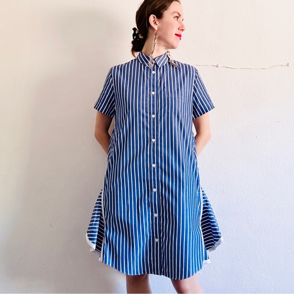 SACAI Blue Cotton Poplin Stripe Parachute Short Sleeve Collared Shirt Dress - Picture 9 of 11